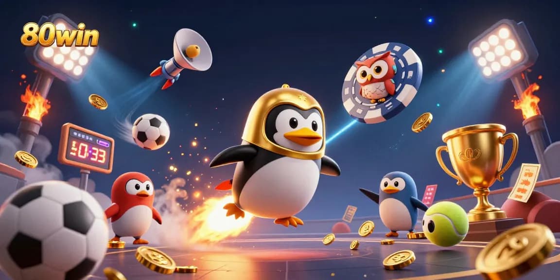 Win big at 80win with the penguin blasting through space to a casino chip, symbolizing exciting gaming fun.