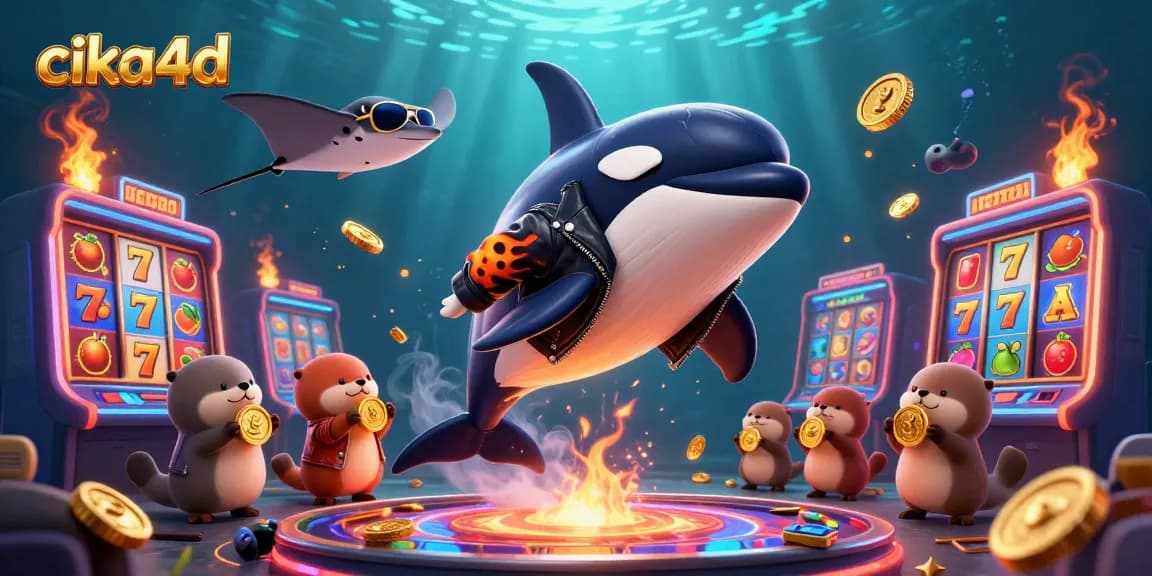 Play slots with cika4d's vibrant gaming scene featuring an orca whale, stingray, and sea otters.