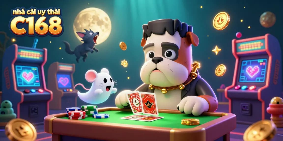 Engage in thrilling gameplay at nhà cái uy tín C168 featuring a spooky casino scene with dynamic characters and games.