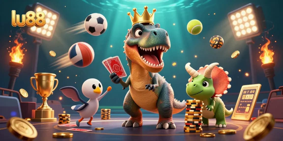 Experience the excitement at lu88 with a friendly T-Rex shuffling cards among gold chips and sports elements in a dynamic casino scene