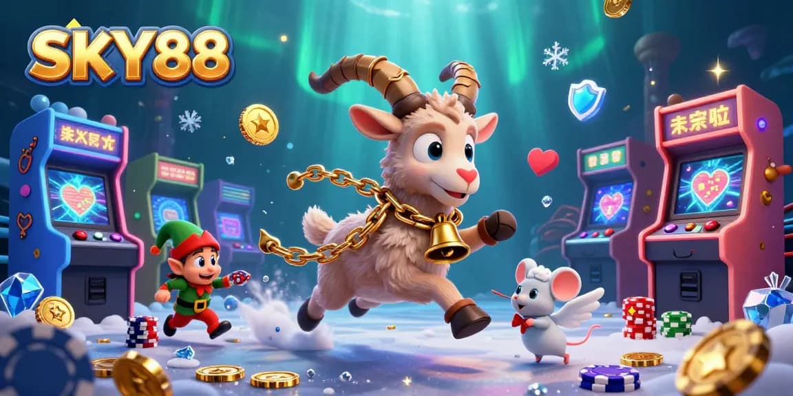 Experience thrilling gameplay at SKY88 with Krampus and angel mouse in a festive casino scene.