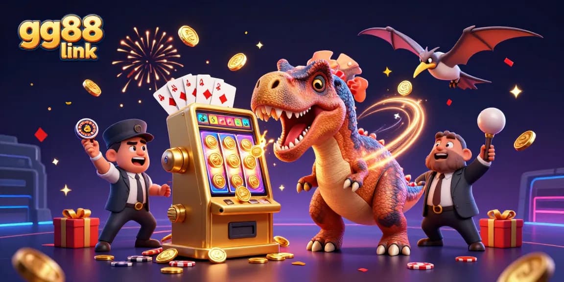 Catch exciting wins with gg88 link at a vibrant casino, featuring animated characters and dynamic gaming elements.