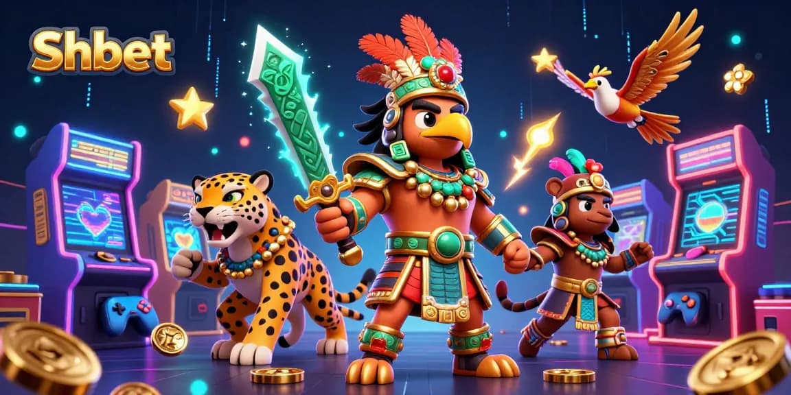 Engage in thrilling gaming with Shbet's vibrant Aztec warrior scene filled with arcade action.