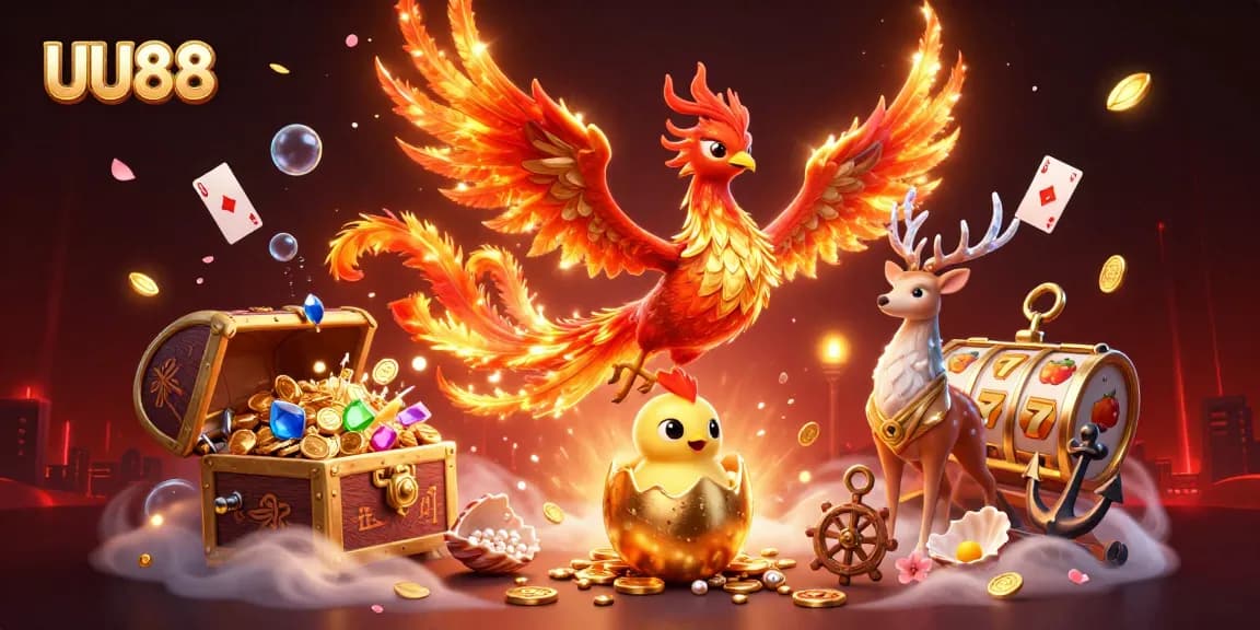 Engage with UU88's immersive environment featuring a fire phoenix, golden egg, and intricate casino elements.
