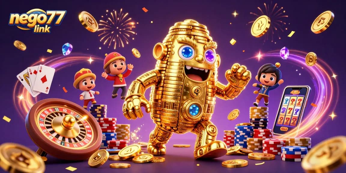 Spin and win with nego77 link featuring a golden golem and casino elements bursting with excitement!