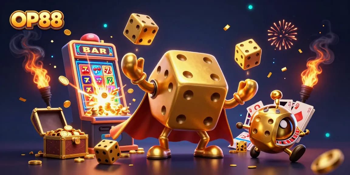Enjoy exciting gameplay at OP88 with a dynamic scene of golden dice and jackpot casino elements.