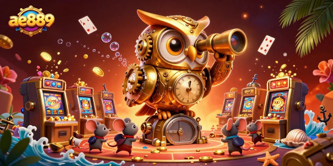 Experience the vibrant world of ae889 as you engage with a golden owl and dynamic casino elements.