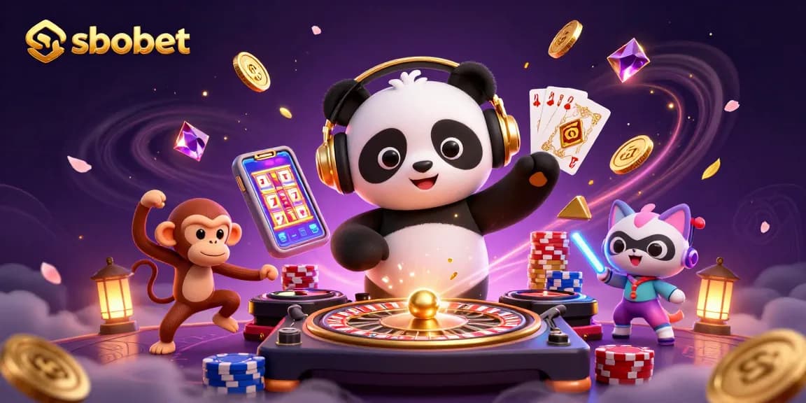 Experience sbobet betting excitement with a DJ panda, monkey dancer, and glowing kitten in a lively casino scene.