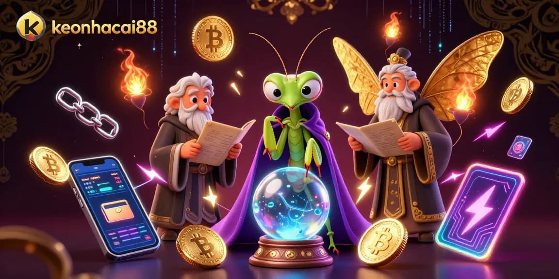 Engage with keonhacai88 through a vibrant gaming scene featuring mystical characters and cryptocurrency elements.