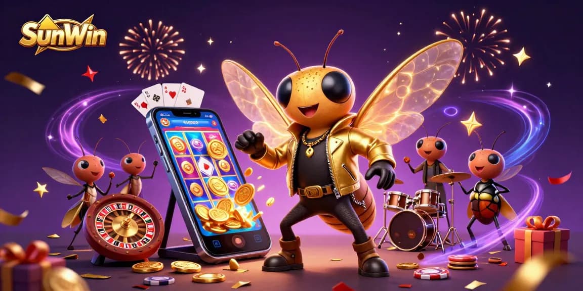 Engage in exciting gameplay with SunWin featuring a vibrant casino scene, gold coins, and lively characters.