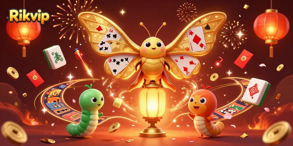 Engage with thrilling Rikvip gaming experiences amidst vibrant casino elements in a dynamic illustration.