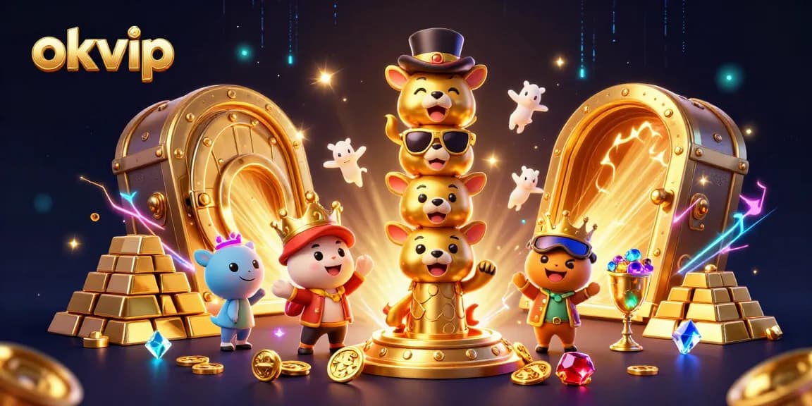 Engage with OKVIP's golden entertainment experience featuring a vibrant 3D totem and treasures.
