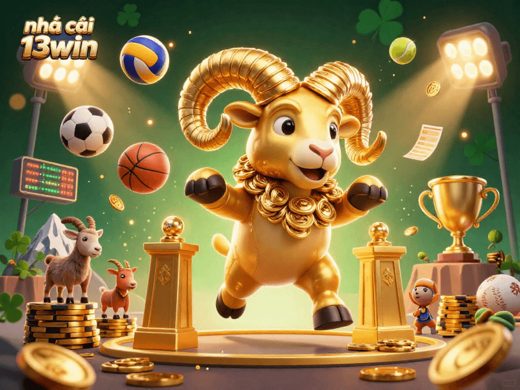 Experience the excitement of nhà cái 13win, showcasing a vibrant 3D casino atmosphere with dynamic sports action.