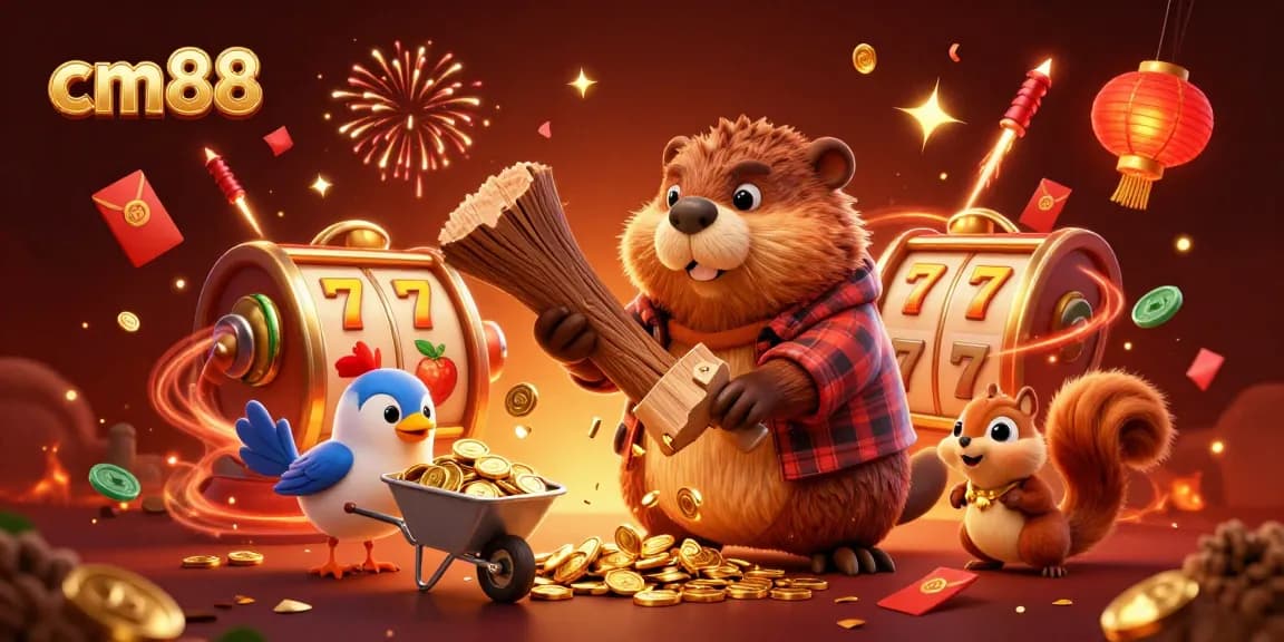 Celebrate with cm88 as a cartoon beaver gathers coins in a vibrant casino-themed scene.