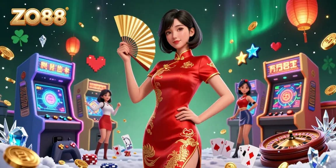 Engage in thrilling moments with ZO88 in a vibrant casino scene featuring arcade machines and a charismatic dealer.