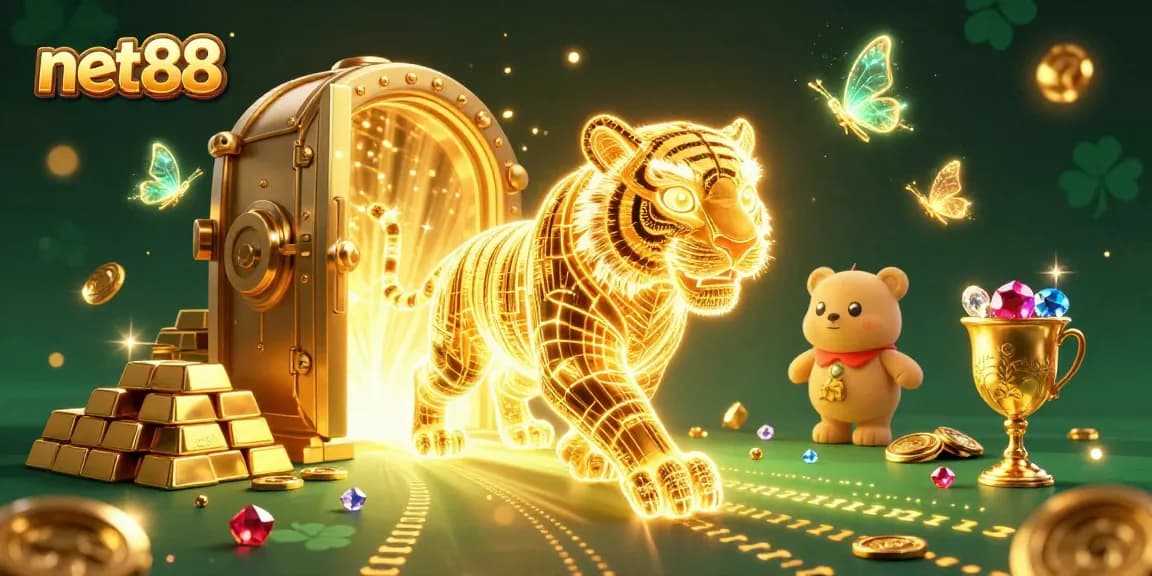 Experience the thrill of net88's vibrant casino universe with a glowing tiger and treasure.
