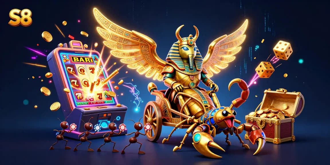 Join the excitement on S8 with a colossal scarab beetle and treasure-filled slot machine.