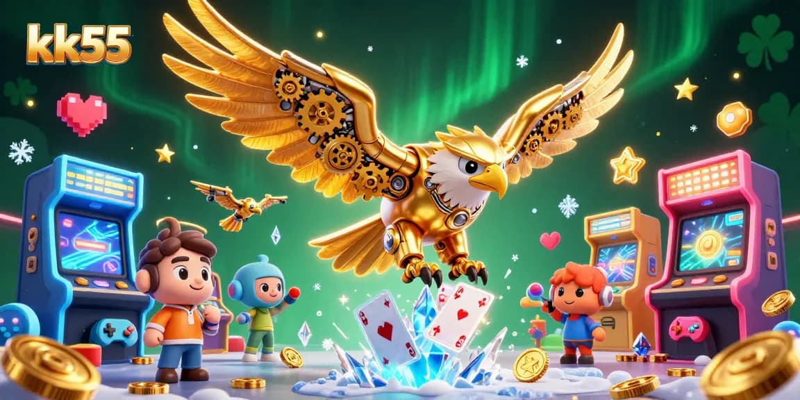 Experience thrilling action at kk55 with a vibrant golden eagle flying through holographic cards and arcade game machines.
