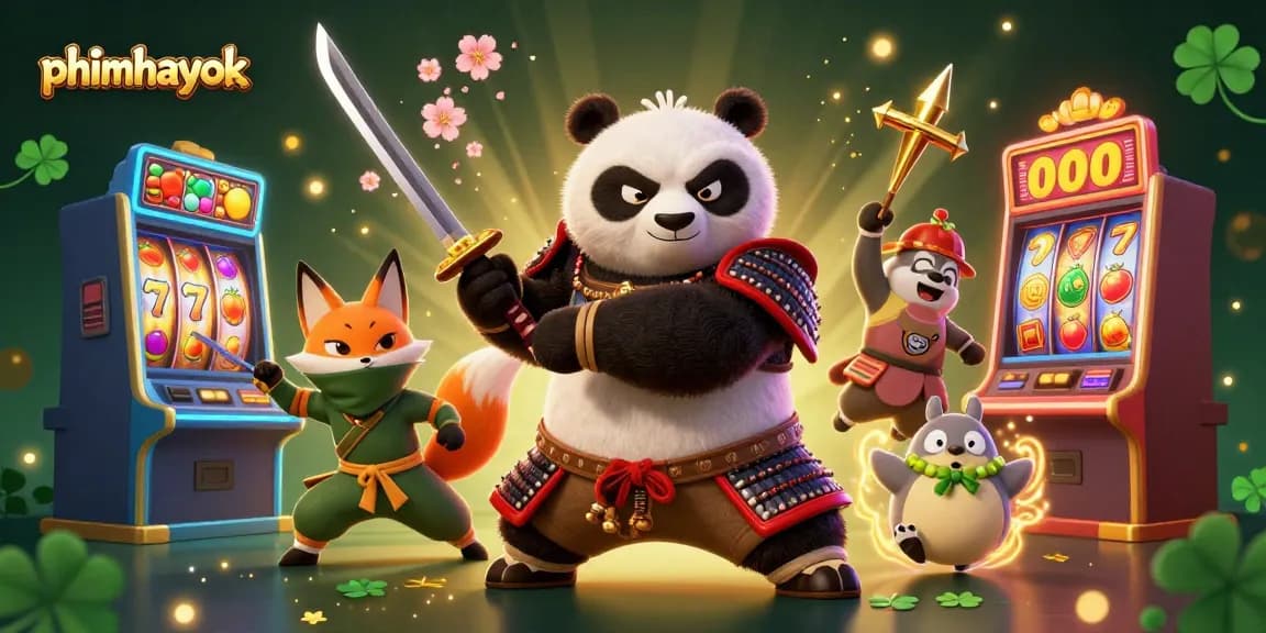 Experience vibrant gaming with phimhayok's 3D samurai panda and fox amidst colorful slot machines.