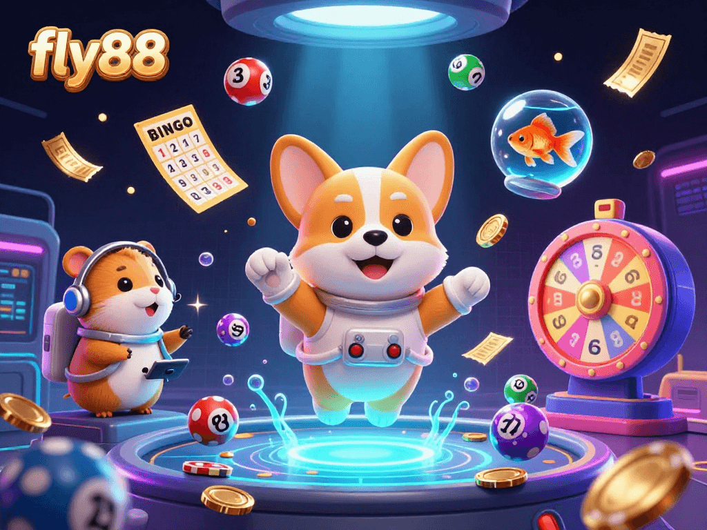 Engage in exciting games at fly88, featuring colorful lottery elements and immersive casino scenes.
