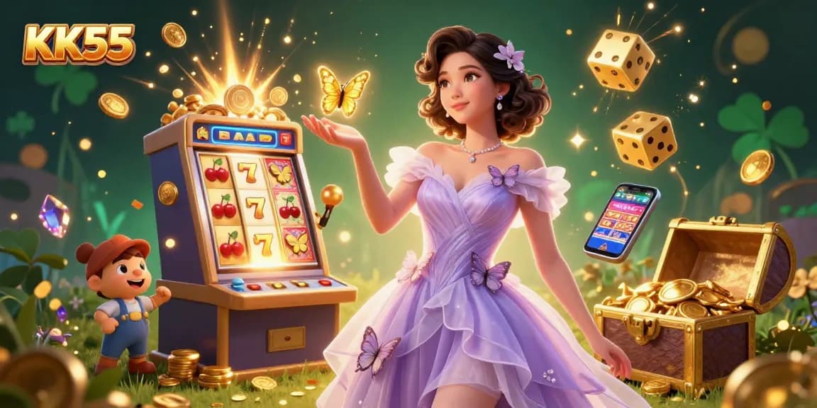Experience exciting wins at KK55 with a glamorous casino scene featuring a stunning woman and vibrant game elements.