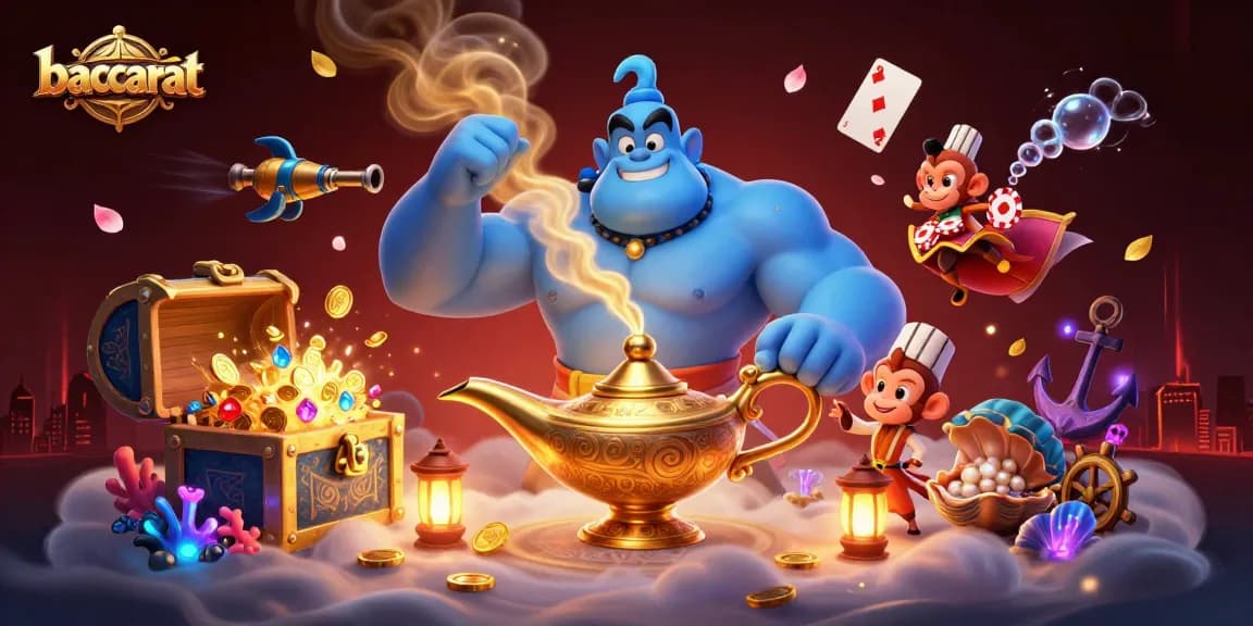 Baccarat game features vibrant characters amidst colorful casino elements, capturing thrilling online gameplay.