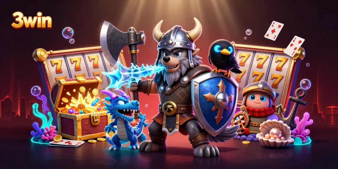 Spin the adventure with 3win, showcasing a Viking warrior and dragon amidst vibrant casino elements.