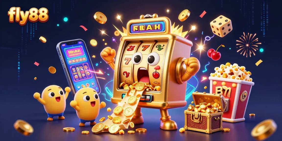 fly88 slot machine hits jackpot as coins pour out, surrounded by cheering baby slots