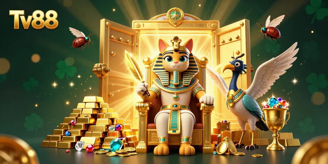 Enjoy thrilling wins at Tv88 with a vibrant 3D casino artwork featuring a golden throne and sparkling treasures.