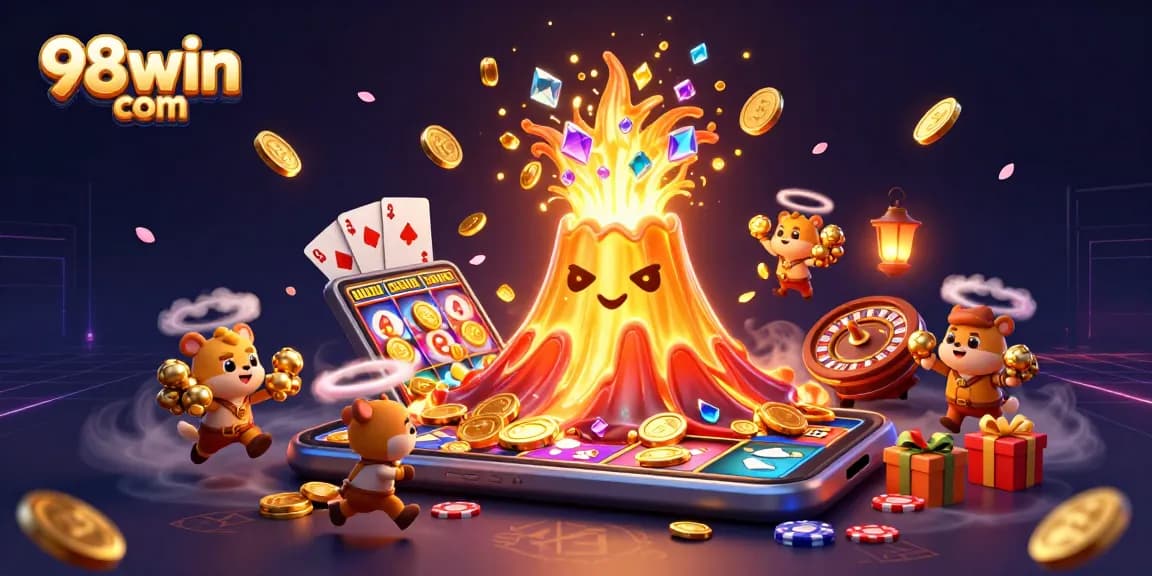 Engage with exciting 98win com gaming adventures as a golden volcano erupts with treasures amidst thrilling casino elements.