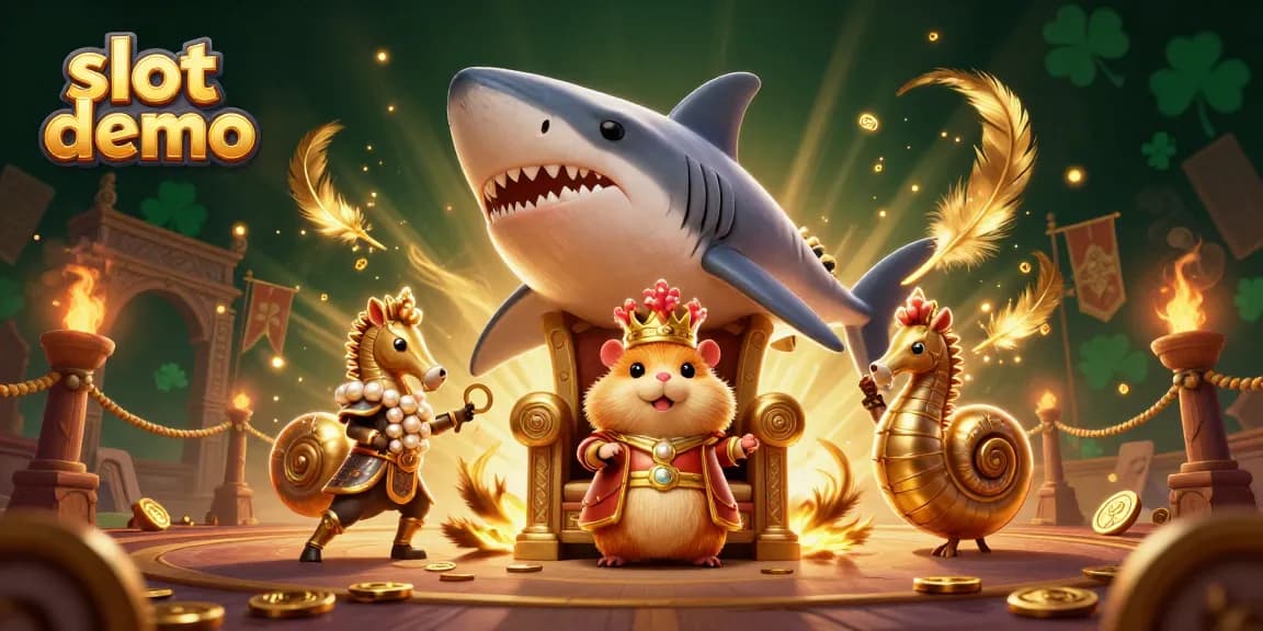 Slot demo yang menampilkan raja hamster emas berlatar dunia kasino yang berwarna-warni.