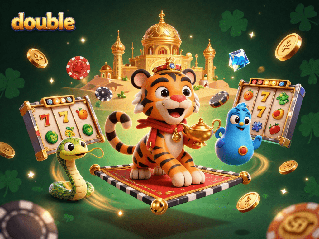 Experience the excitement of double slot games with a vibrant 3D illustration of a tiger sultan and colorful gaming elements.