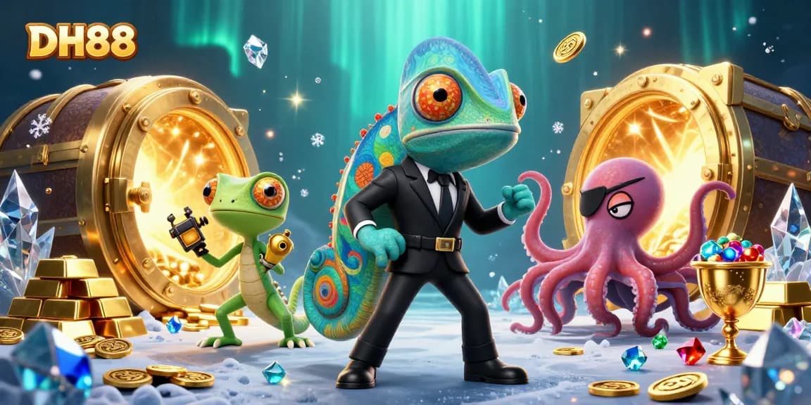 Experience exciting wins with DH88 as a secret agent chameleon and friends in a vibrant casino world.