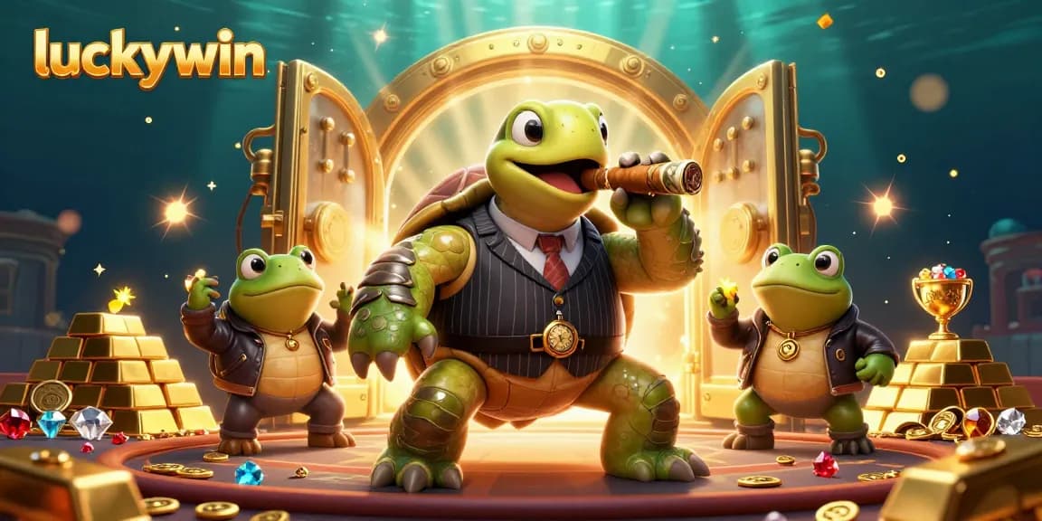 Experience the thrilling luckywin casino with a massive turtle mobster winning big amid vibrant jewels.