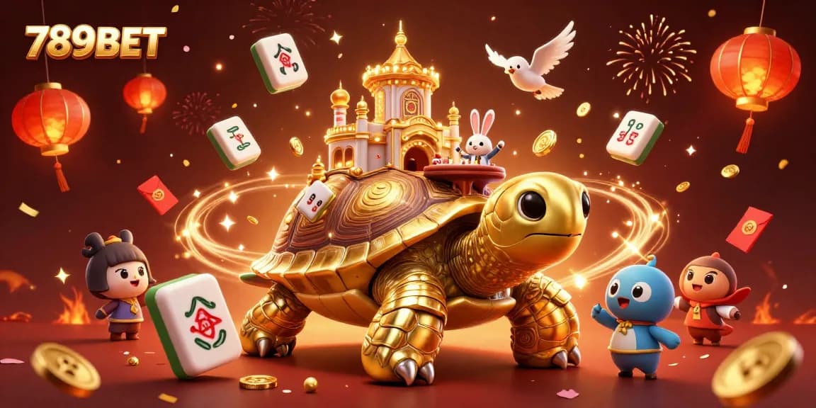 Engage with 789BET's exciting casino world featuring a golden tortoise carrying a dazzling casino on its shell.