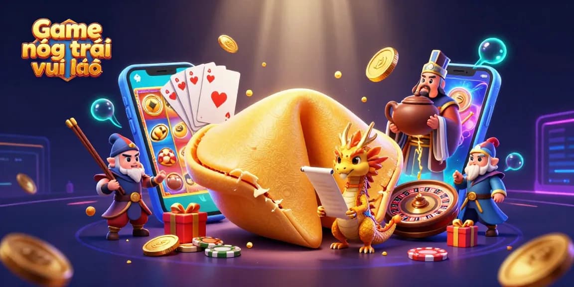 Spin and win with Game nông trại vui vẻ, featuring a vibrant 3D casino scene of fortune cookie characters and gaming elements.