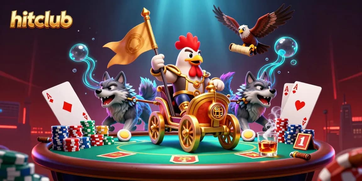 Hitclub showcases thrilling poker action with a cartoon rooster warlord leading a dynamic game.