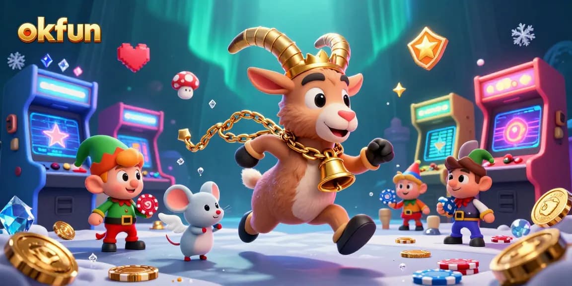Play thrilling games at OKFUN online casino with Krampus and festive characters in a vibrant scene.