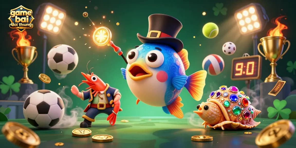 Engage with game bai doi thuong as the anglerfish attracts golden coins while sports elements surround the characters.