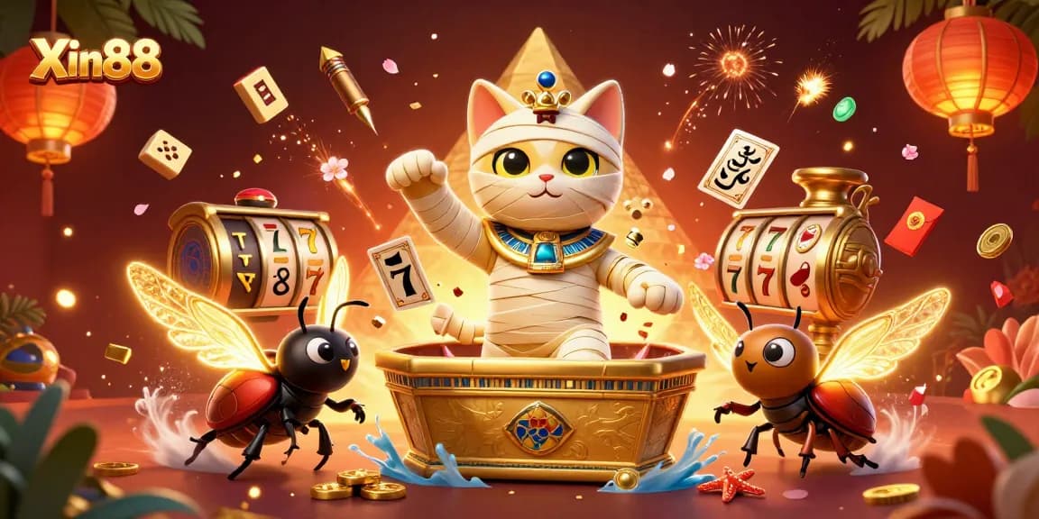 Experience the fun at Xin88 with a cartoon mummy cat and glowing scarab beetle in a vibrant casino scene.