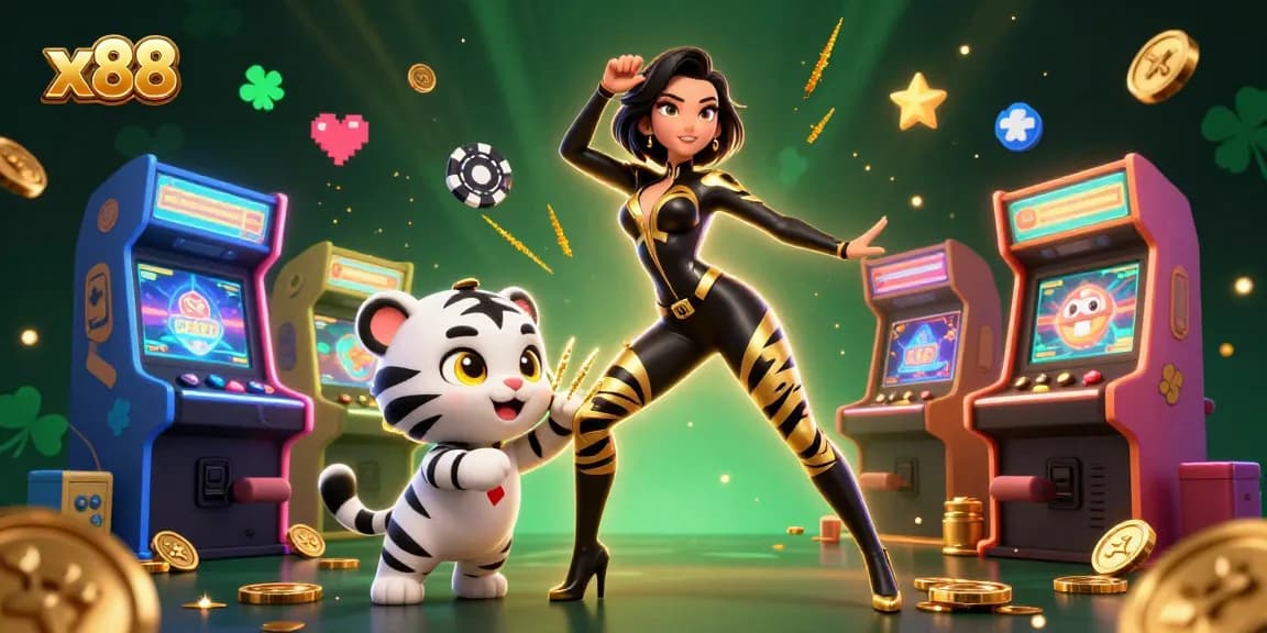 Experience thrilling gaming action with x88 as a woman in a golden striped catsuit celebrates with a playful white tiger.