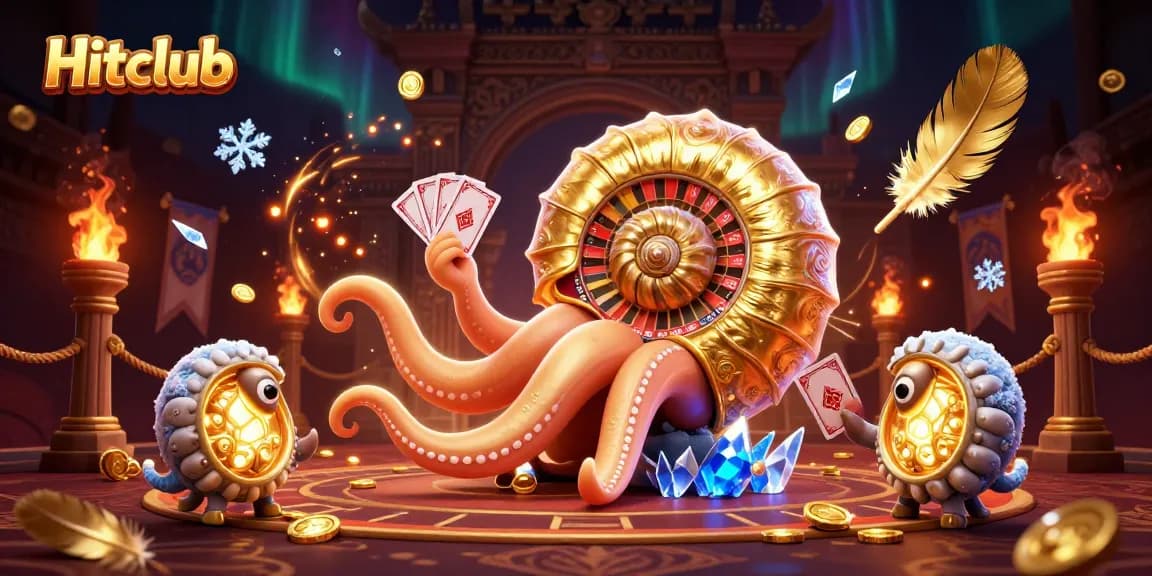Hitclub showcases a vibrant casino scene with a giant nautilus roulette wheel and glowing ammonite companions.