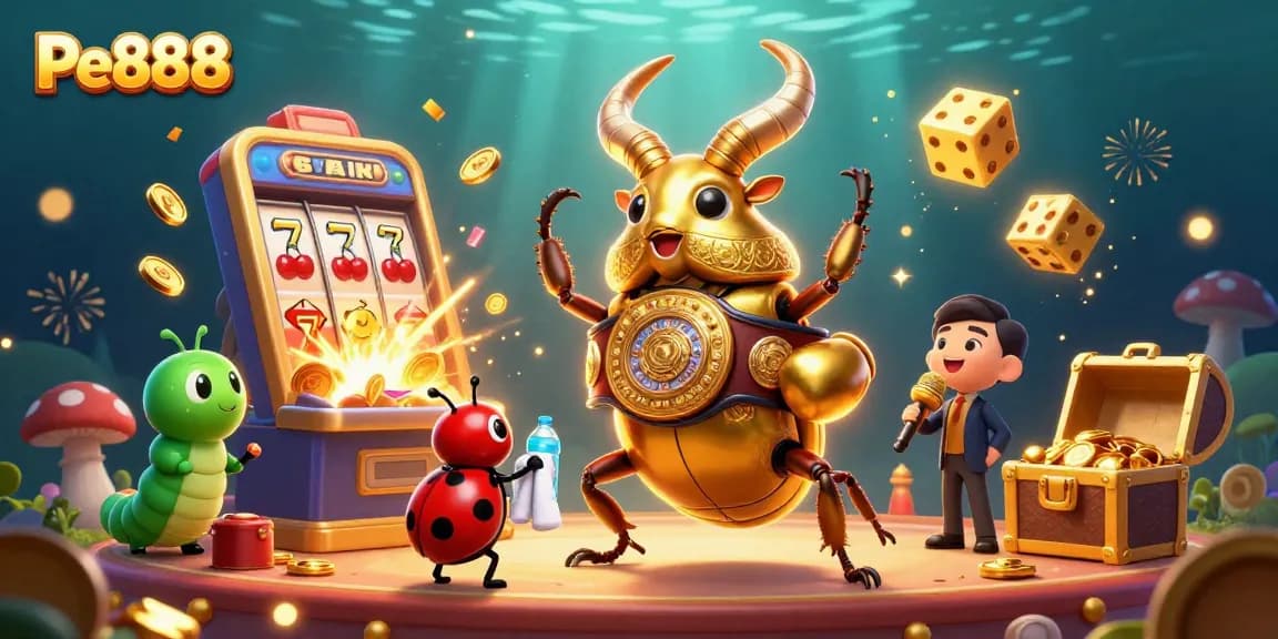 Experience excitement at Pe888 with a colorful 3D casino scene featuring vibrant characters and action.