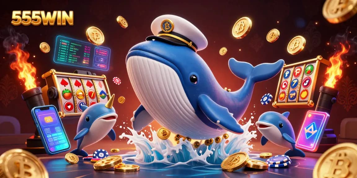 Play slot games and win big with 555WIN's dynamic casino scene featuring animated characters and digital elements.