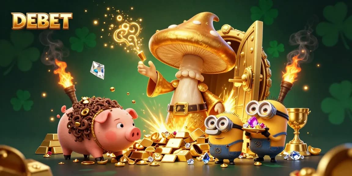 Engage in thrilling adventures with DEBET’s magical treasures, showcasing golden elements and gemstones.