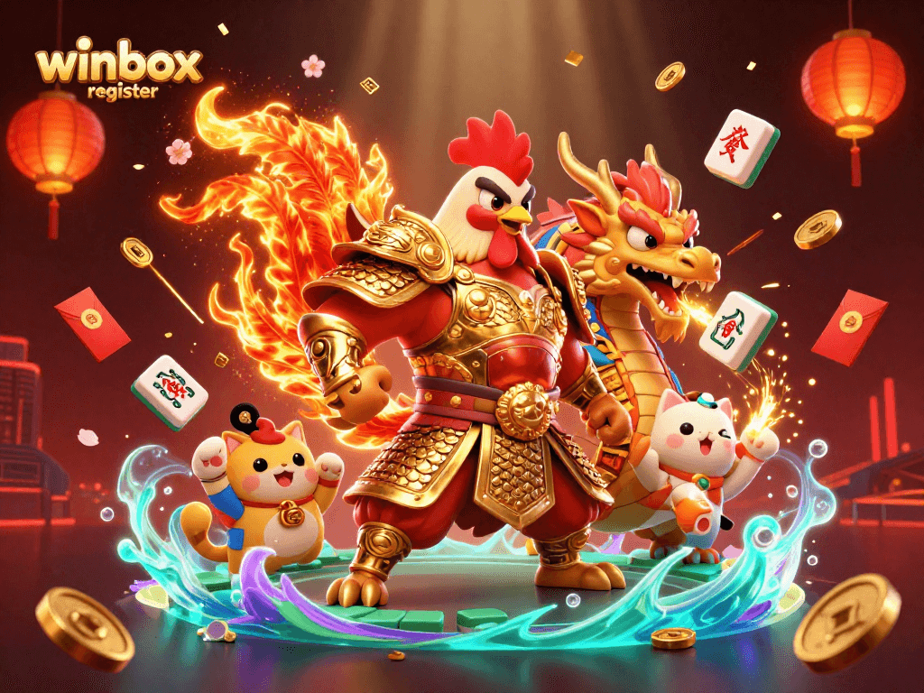 Experience winbox register with a dynamic 3D scene featuring cartoon characters, festive game elements, and vibrant decorations.