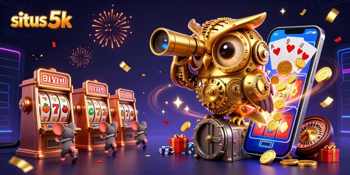Situs 5k showcases a vibrant scene with a clockwork owl and mice amidst slot machines, highlighting exciting gameplay.