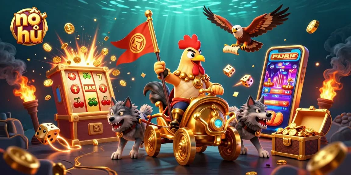 Engage in nổ hũ gaming with a rooster warlord in a dynamic casino jackpot scene.