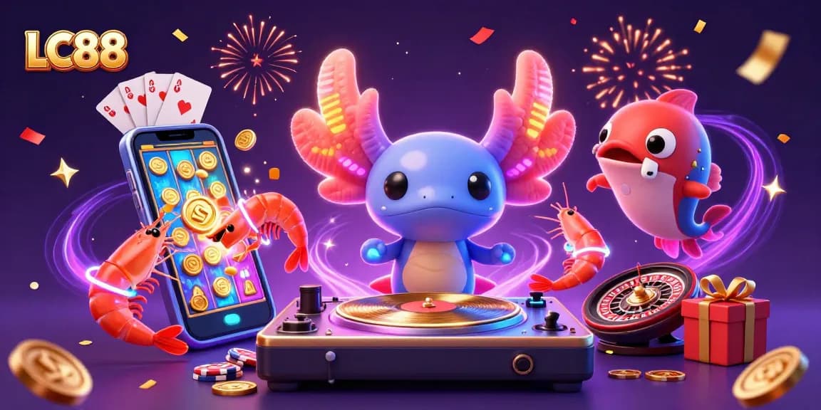 Experience the excitement of LC88 with vibrant casino-themed digital art, showcasing gaming elements.