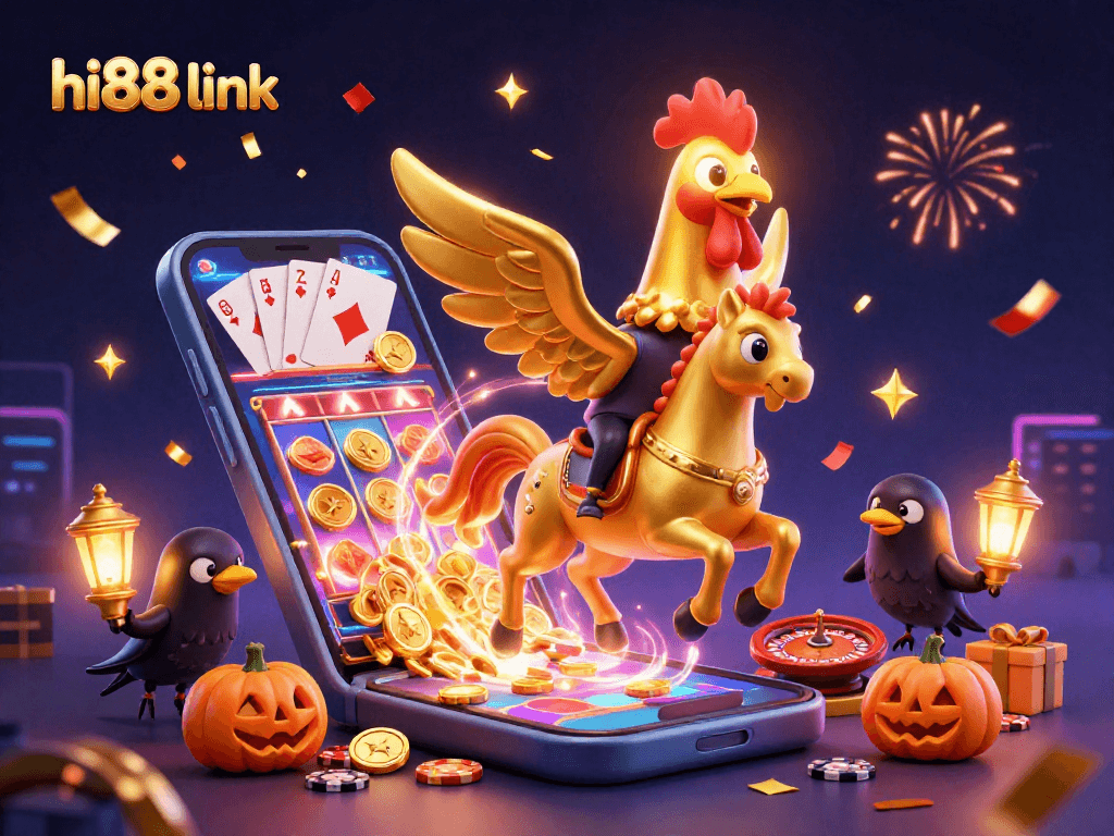 Play slots with hi88 link's golden rooster in a vibrant casino atmosphere, surrounded by festive elements.